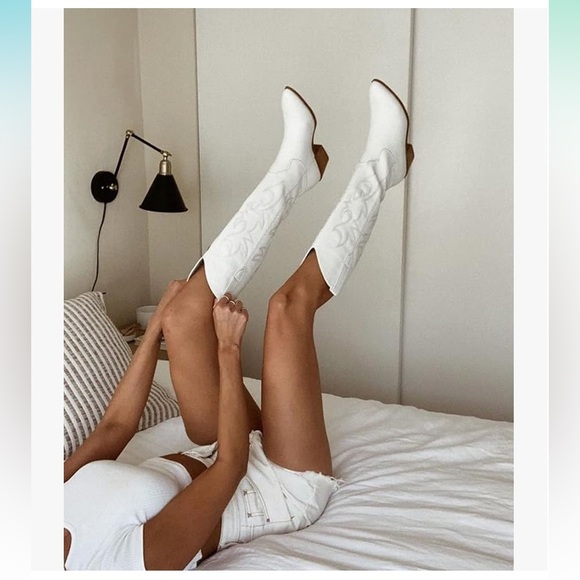 Embroidered White Over the Knee Cowboy Boots - Picture 3 of 4